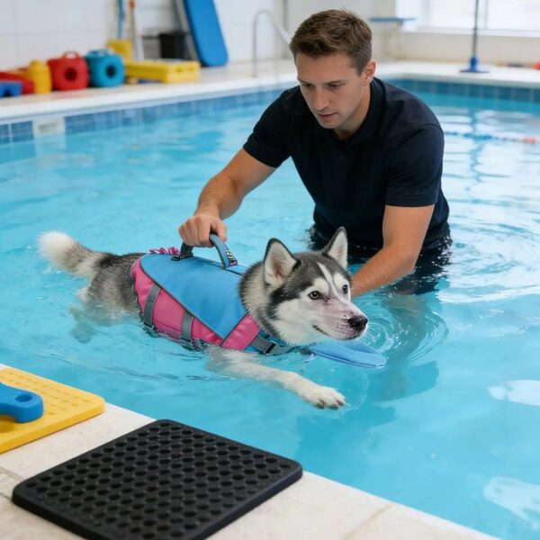 A husky held up in the pool by the top handle of the vest