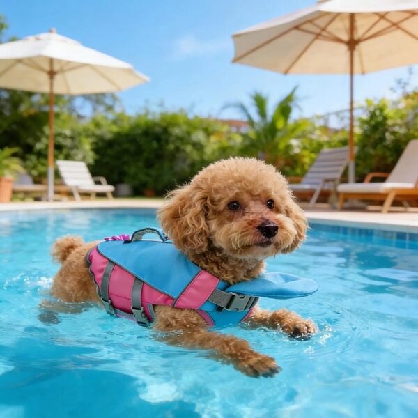 A poodle floating in a pool in the Rose vest, chin resting on the float