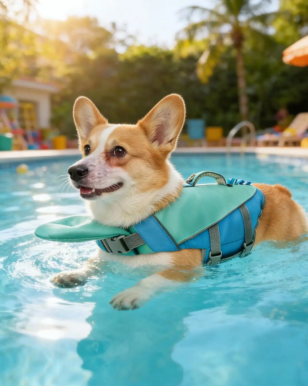 A corgi floating in a pool in a teal Foliva swim vest, chin resting on the detachable float