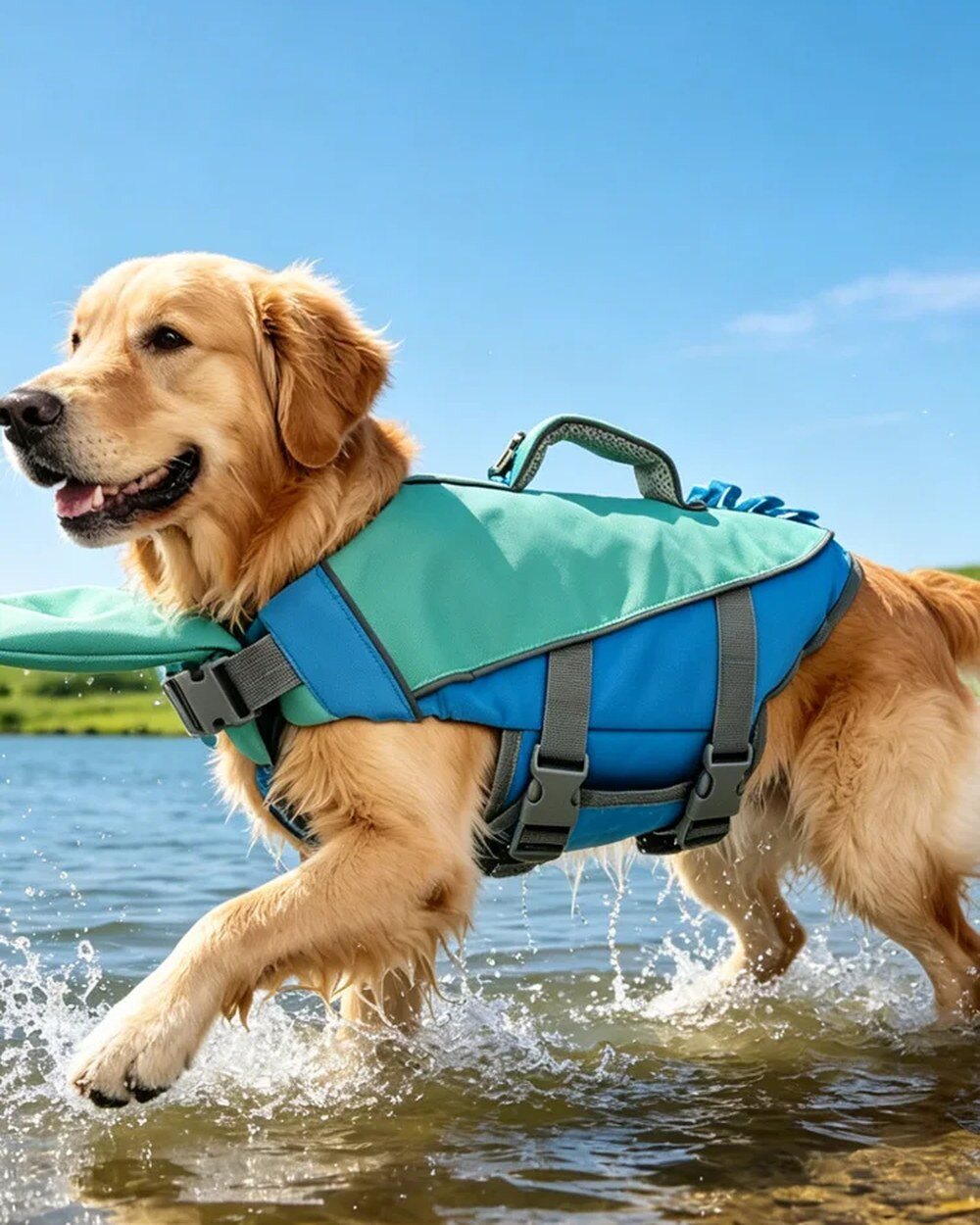 Golden retriever running through shallow water in the Foliva swim vest