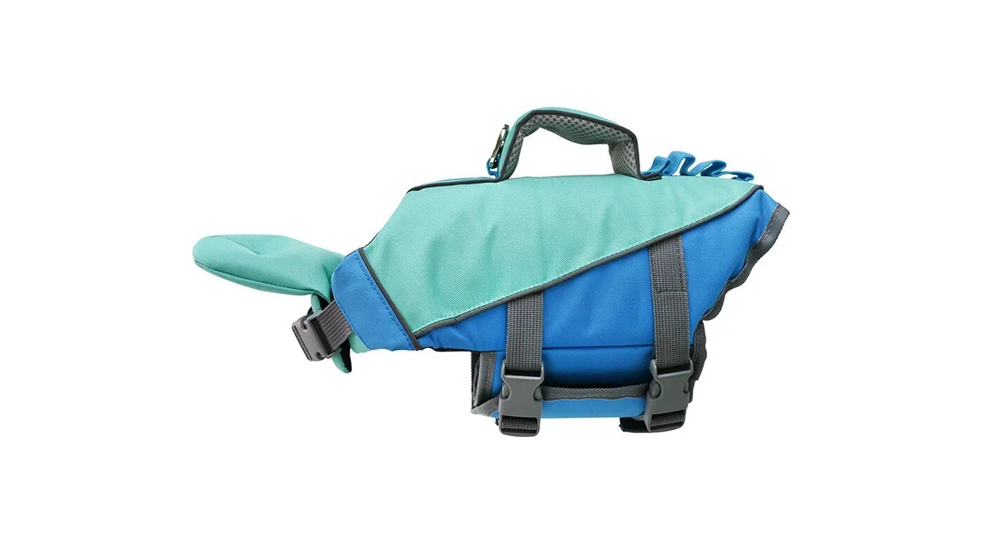 The vest shown from the side with its detachable chin float attached