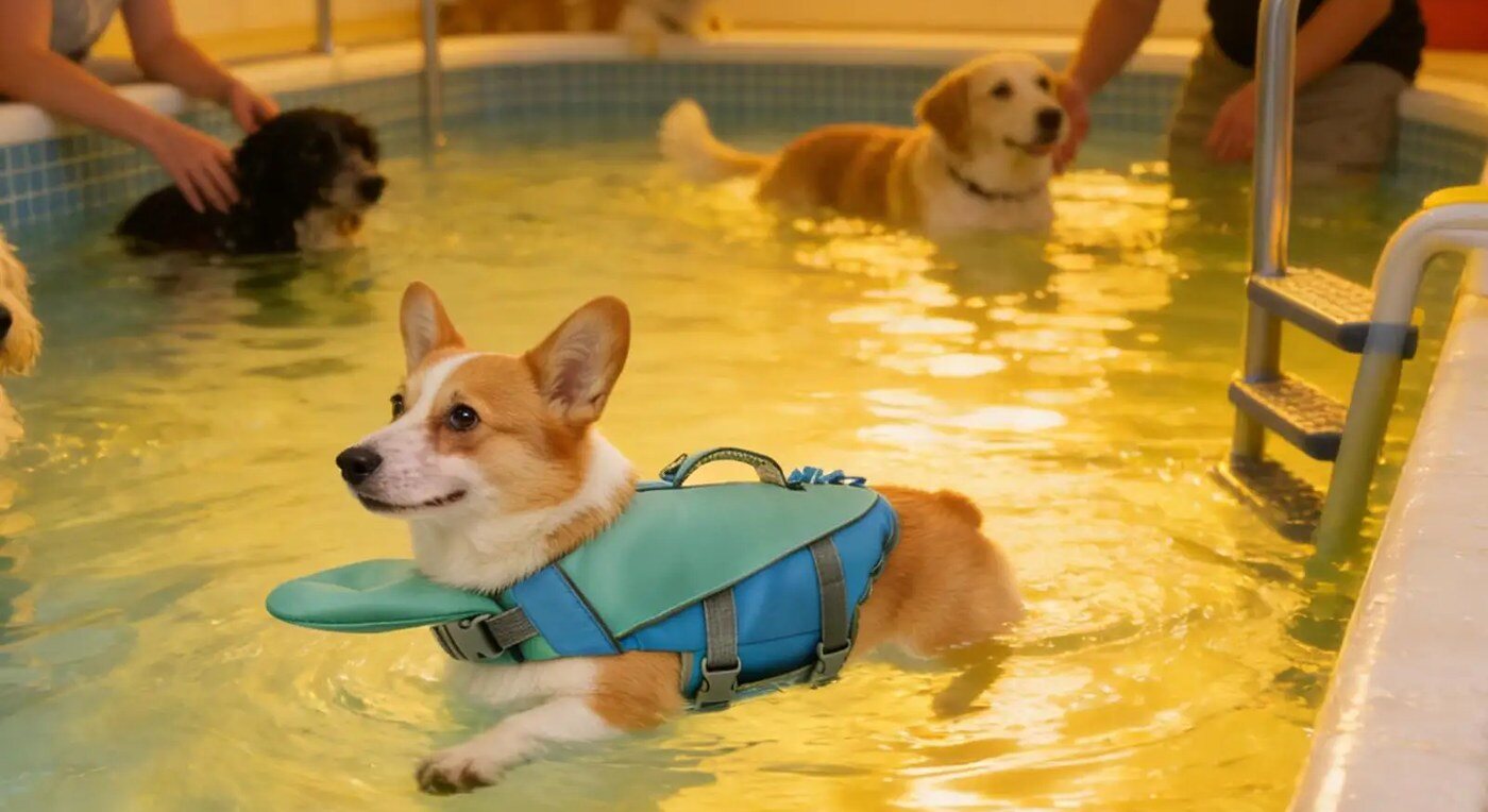 Dogs swimming in a pool, the bright vest easy to spot from across the water